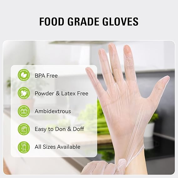 Disposable Vinyl Gloves, Food Safe, Latex-Free Powder-Free Clear Plastic Gloves for Cooking, House Clean, Food Prep