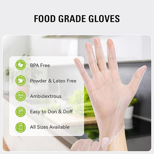 Disposable Vinyl Gloves, Food Safe, Latex-Free Powder-Free Clear Plastic Gloves for Cooking, House Clean, Food Prep