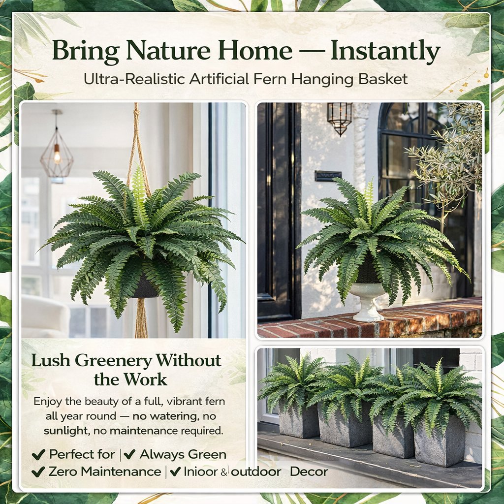 🌿🏡Artificial Hanging Fern Plant – Effortless Greenery for Home & Garden